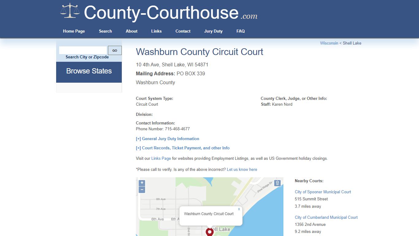 Washburn County Circuit Court in Shell Lake, WI - Court Information